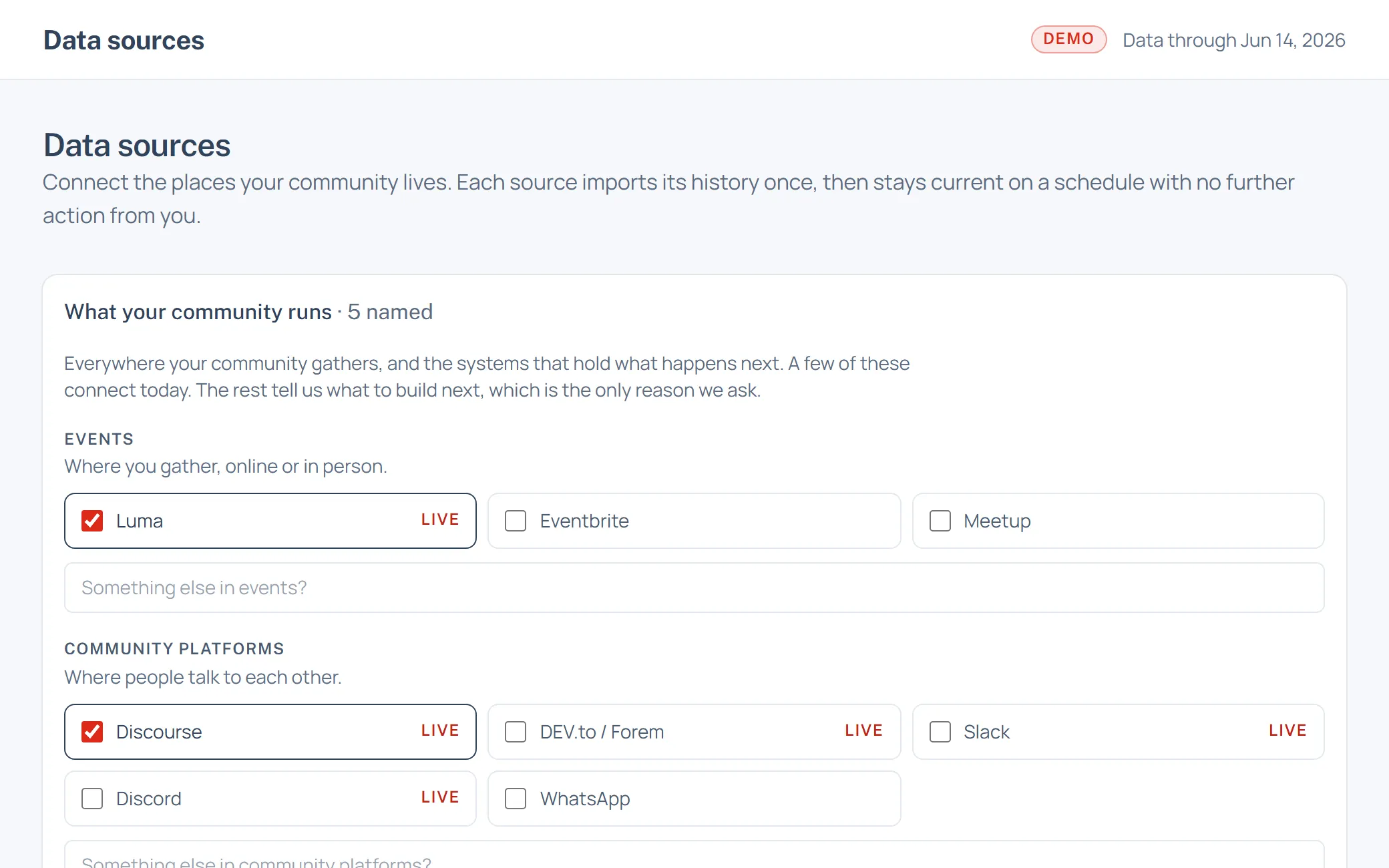 The Data sources screen, with Luma, Discourse, YouTube and Substack connected